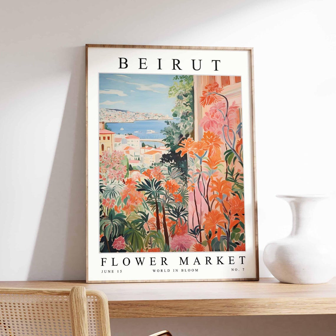Beirut Harbor Orange Bloom Coastal View Flower Market Poster