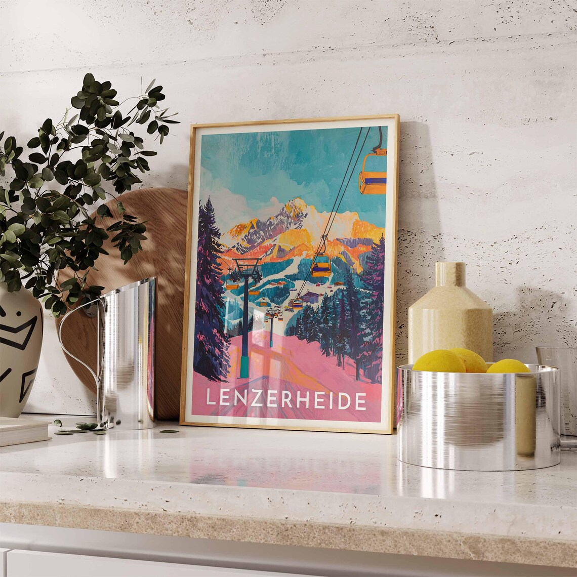 Lenzerheide Switzerland Retro Chairlift Pink Slopes Art Ski Poster - Image 2