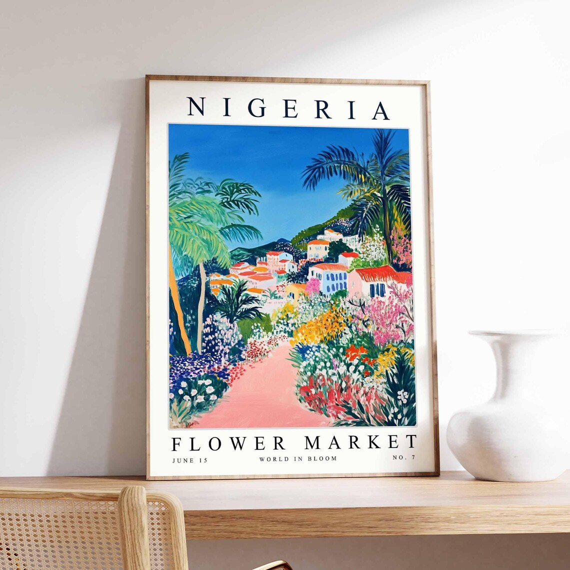 Nigeria Flower Market Hillside Town Palm Garden Floral Poster
