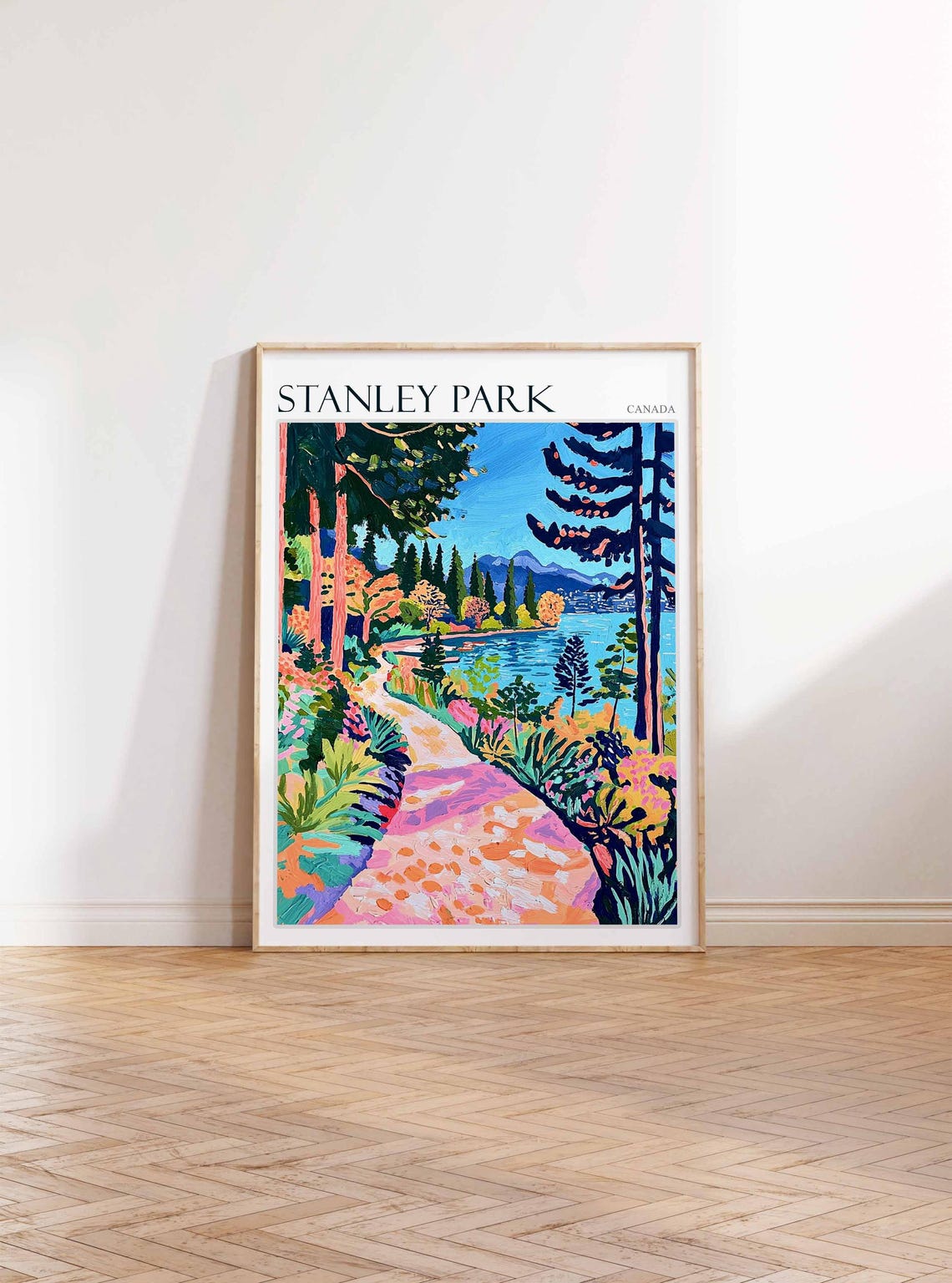 Stanley Park Pink Path Autumn Foliage Lake View Canada Travel Poster - Image 2
