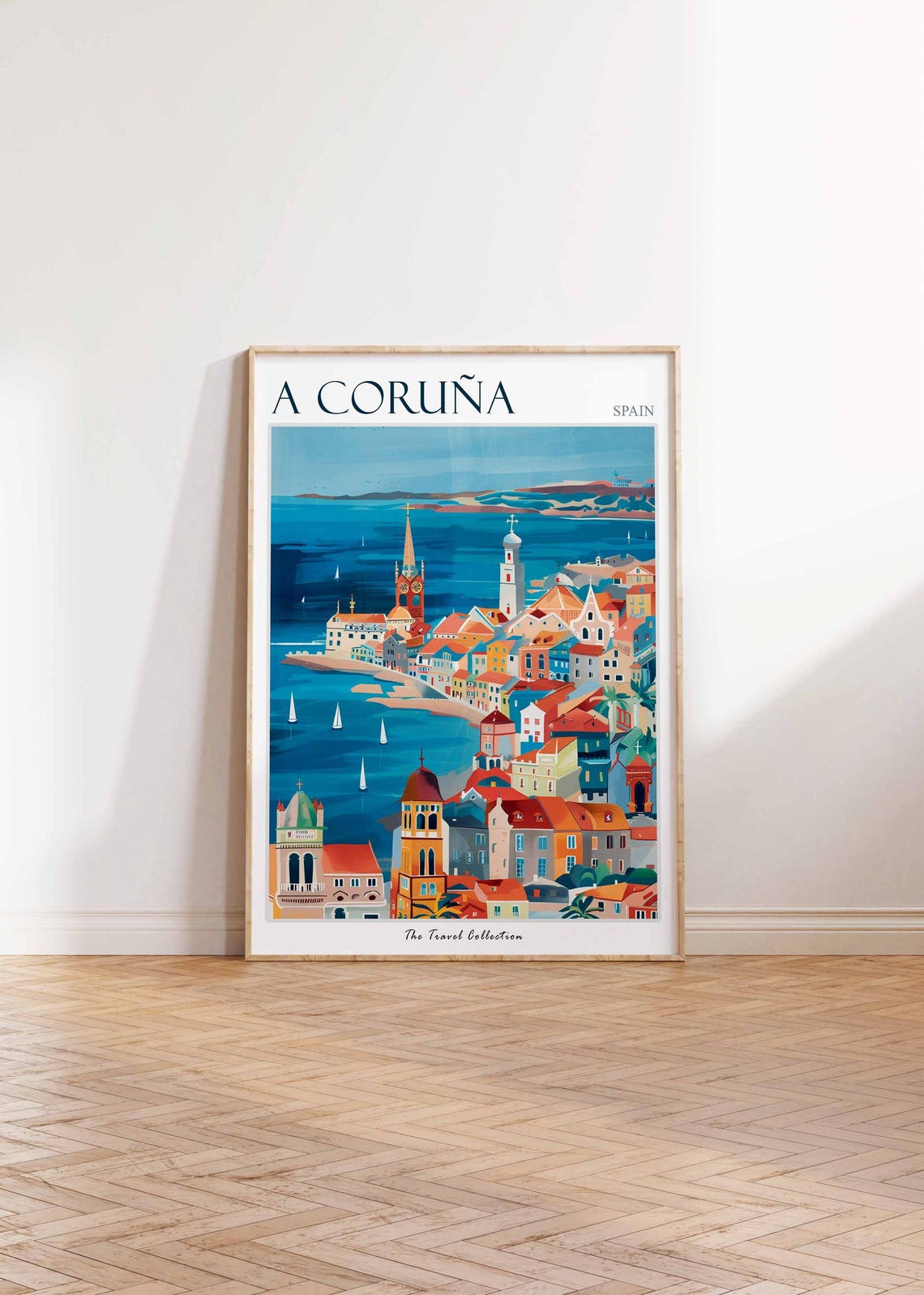 A Coruna Spain Church Towers Sailboat Bay Colorful Art Poster - Image 2
