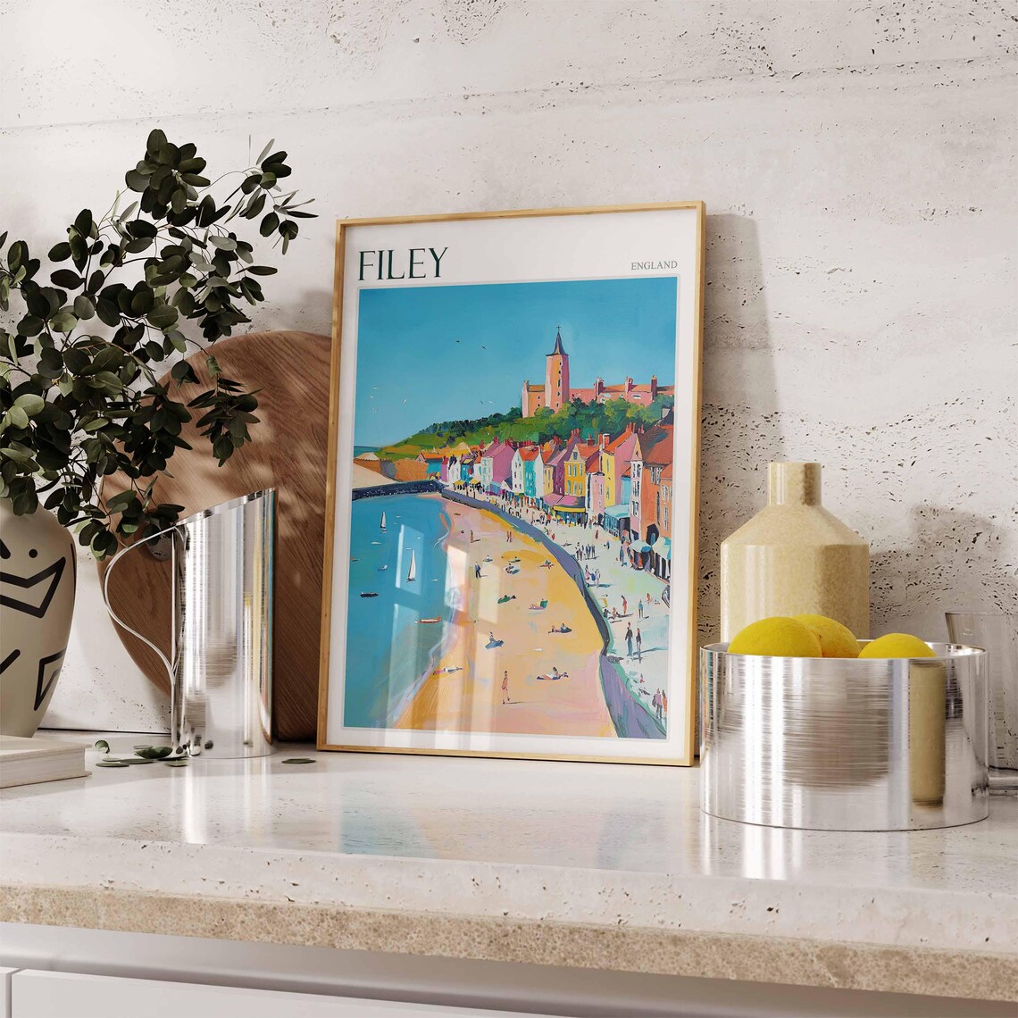 Filey England Hilltop Church Colorful Waterfront Sailboats Painting Poster - Image 2