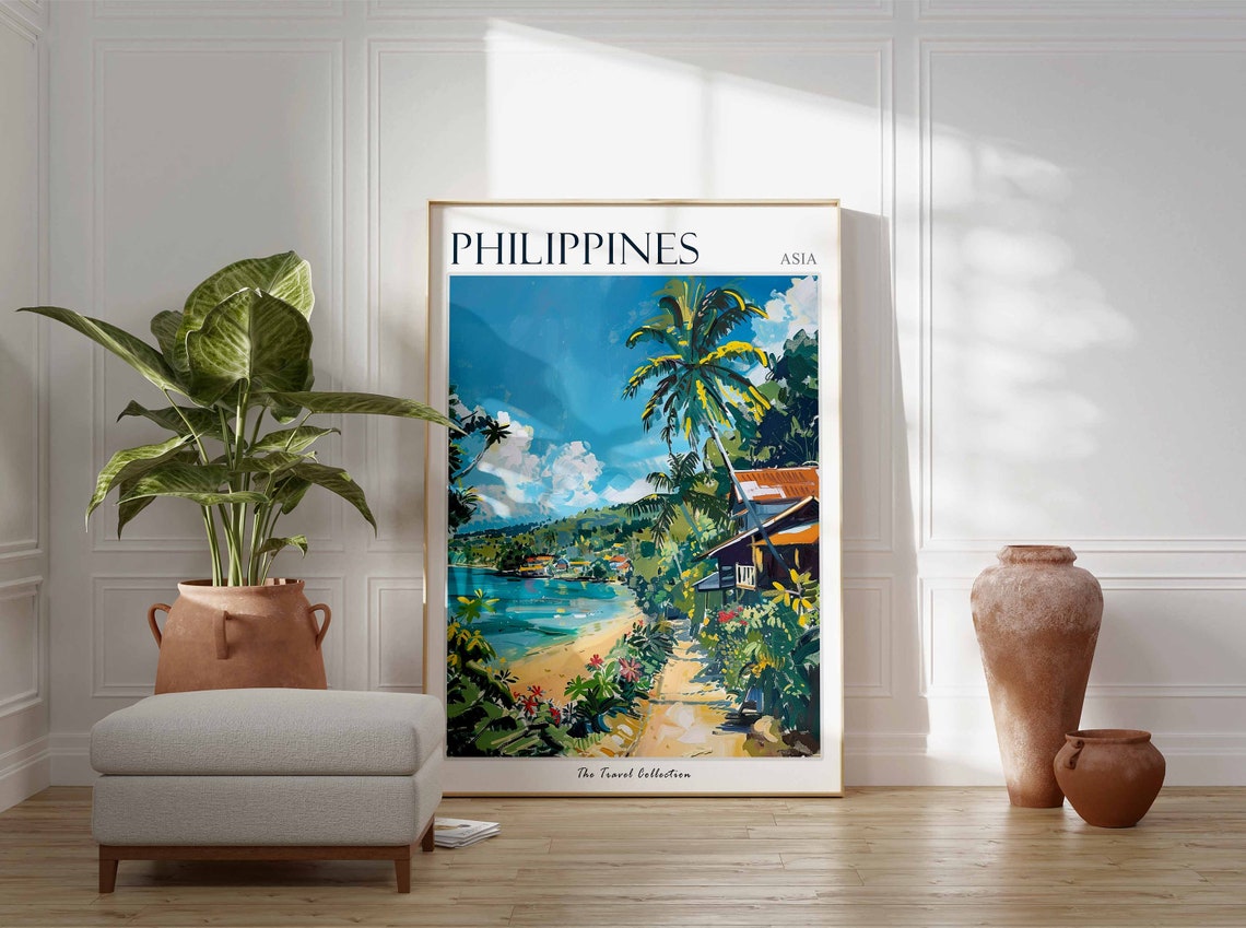Philippines Asia Tropical Cove Beach Huts Palm Trees Scene Poster - Image 2