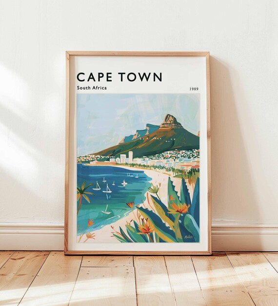 Cape Town 1989 South Africa Table Mountain Beach Scene Vintage Travel Poster