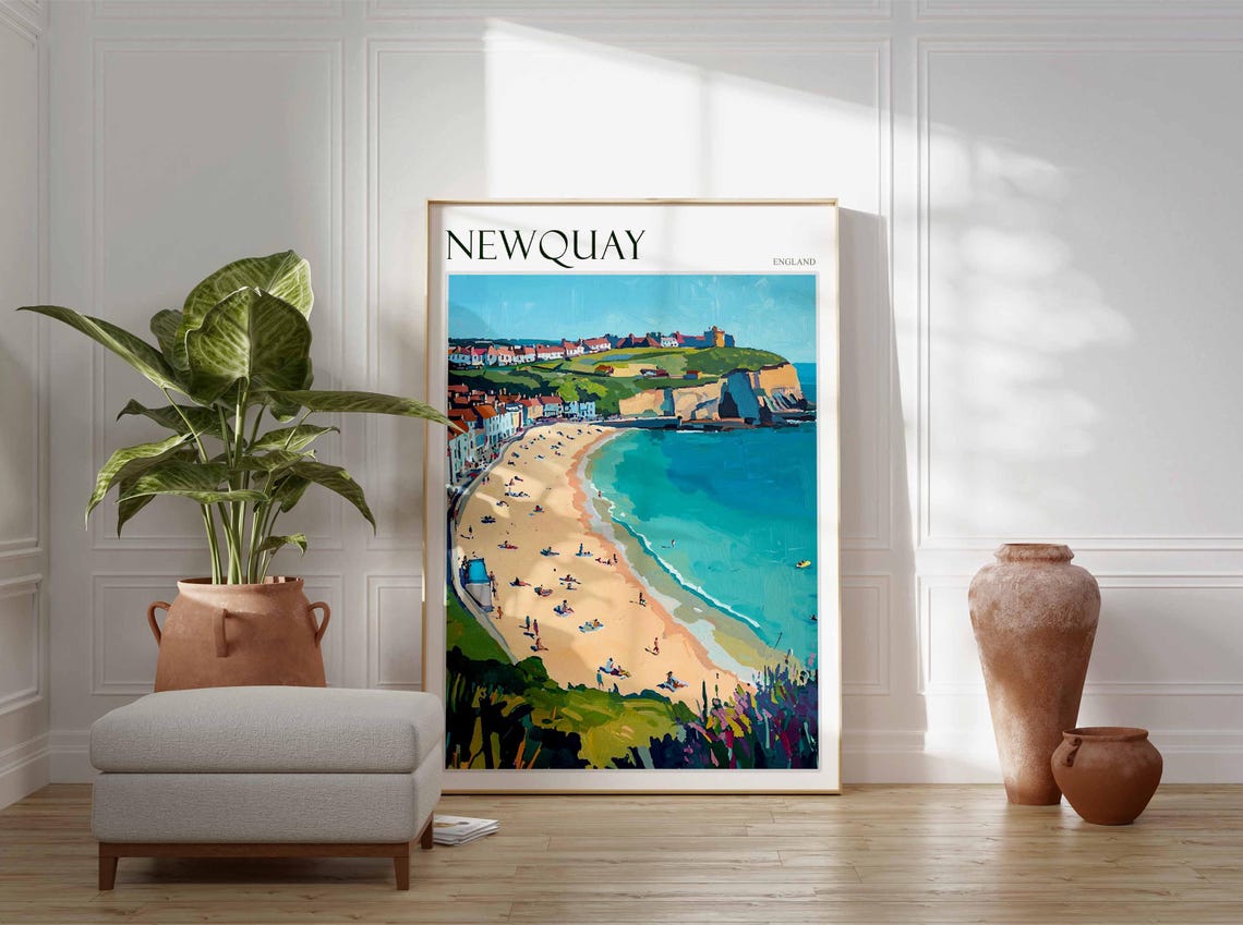 Newquay England Curved Golden Beach Cliffs Town Painting Poster - Image 3