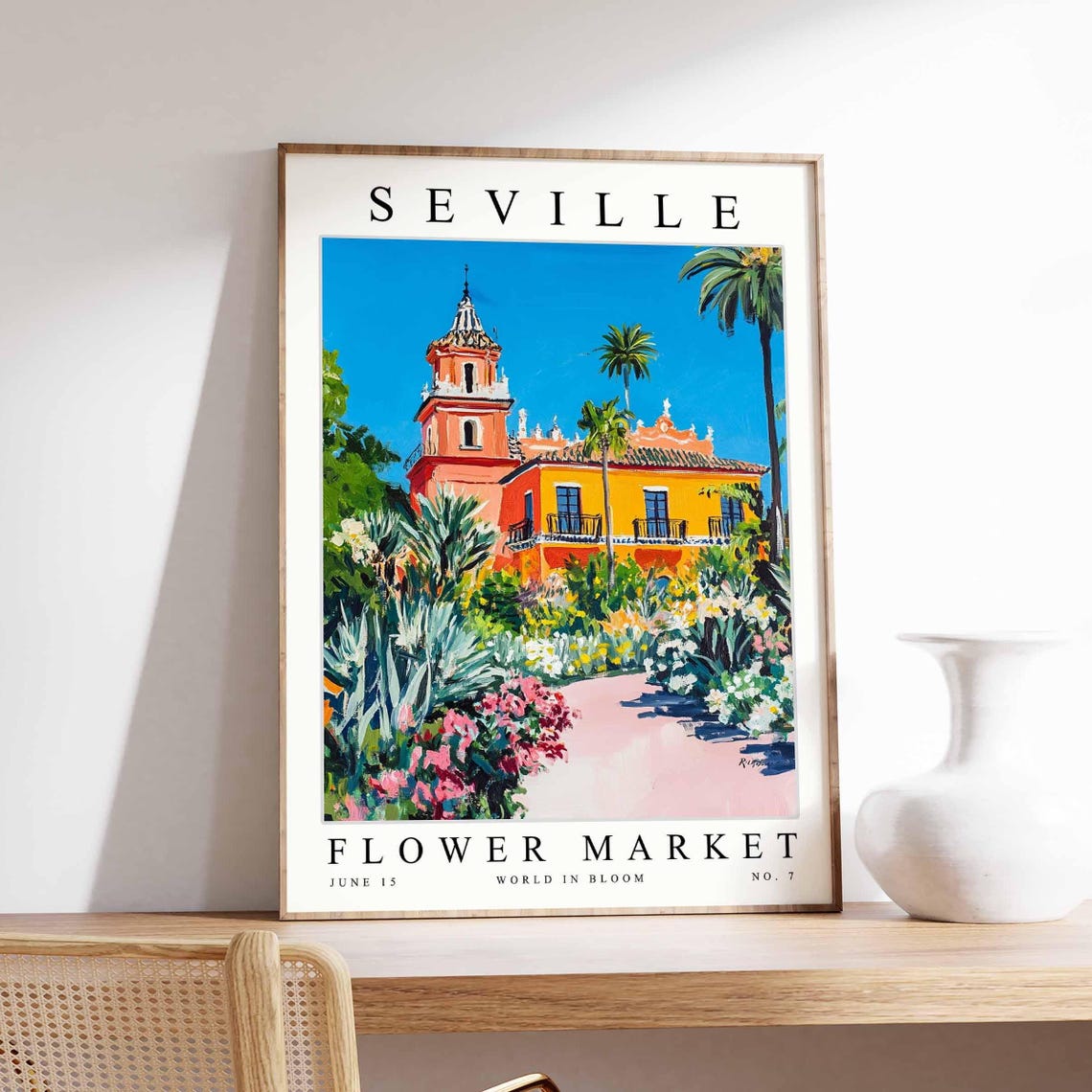 Seville Flower Market Poster Red Bell Tower Yellow House Path Artwork