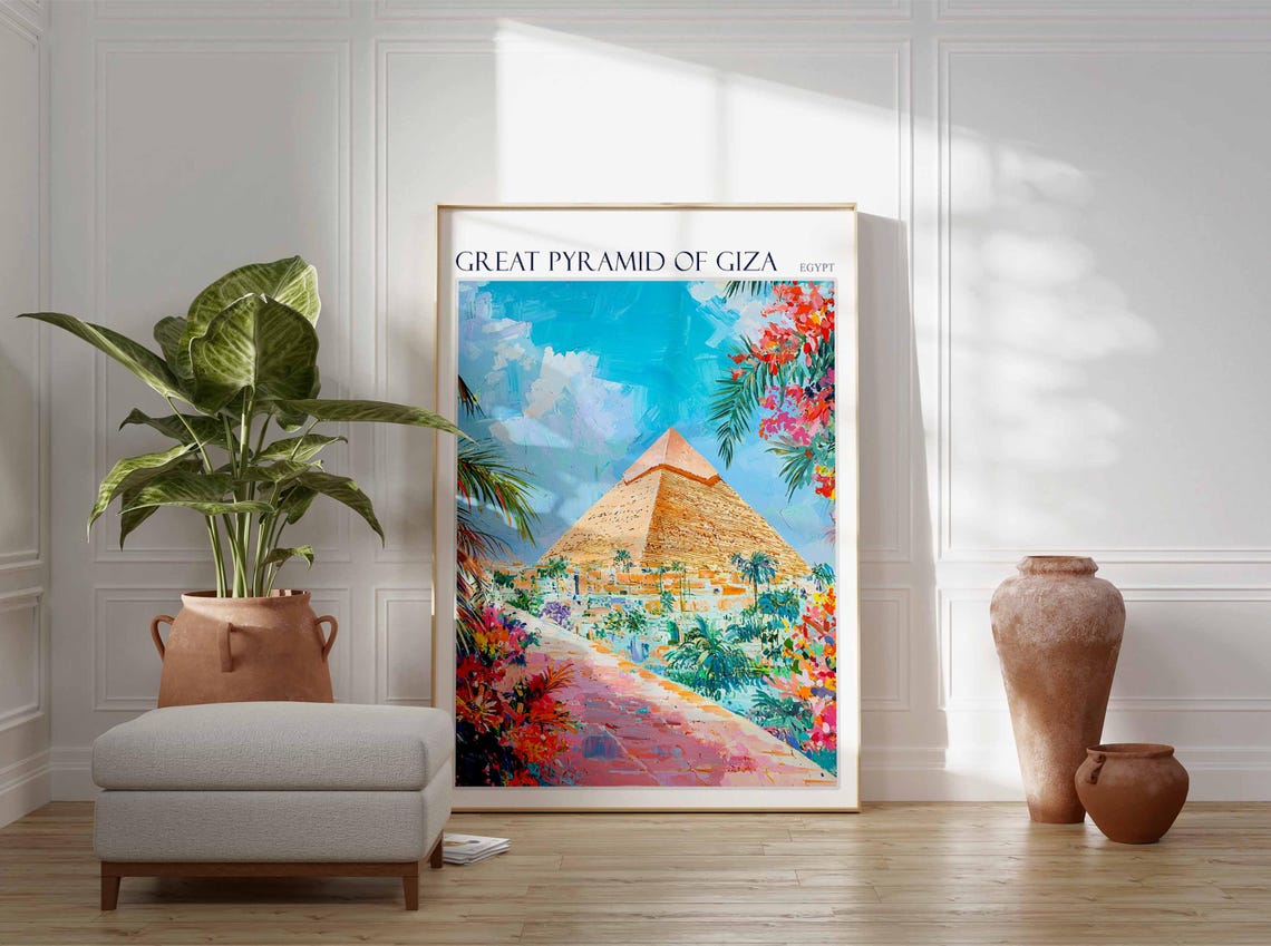 Great Pyramid of Giza Egypt Floral Path Painting Scene Poster - Image 2