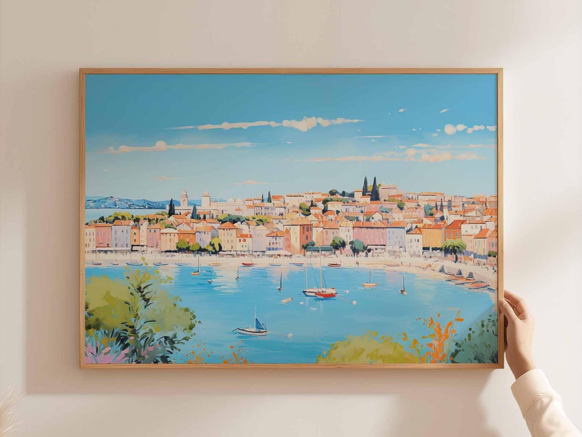 Cannes Hilltop Old Town Pastel Houses Sailboat Harbor Art Poster
