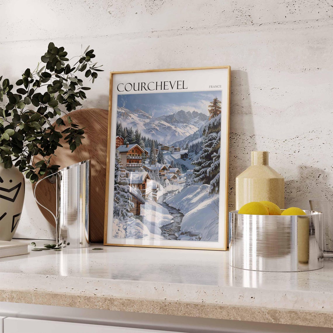 Courchevel France Snowy Mountain Stream Village Chalets Art Poster - Image 2