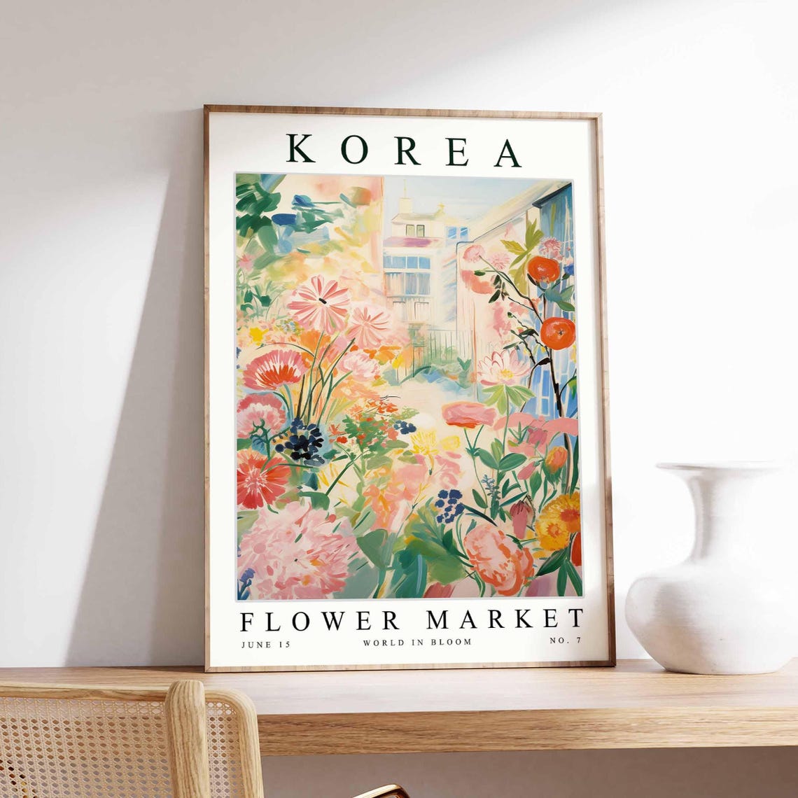 Korea Flower Market No 7 Watercolor Bouquet Sunlit Room Poster