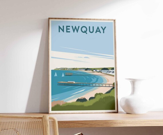 Newquay Coastal Beach and Pier Retro Illustration Travel Poster