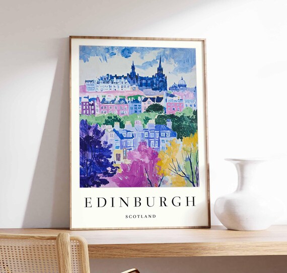 Edinburgh Castle Skyline Purple Pink Trees Colorful View Poster