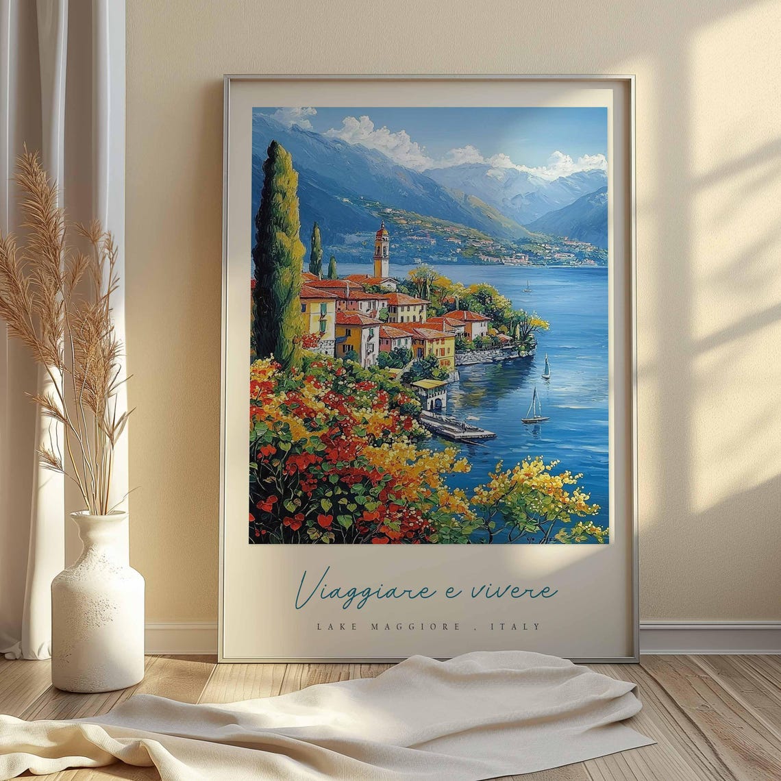 Lake Maggiore Lakeside Town Sailboats Floral Hills Watercolor Poster - Image 2