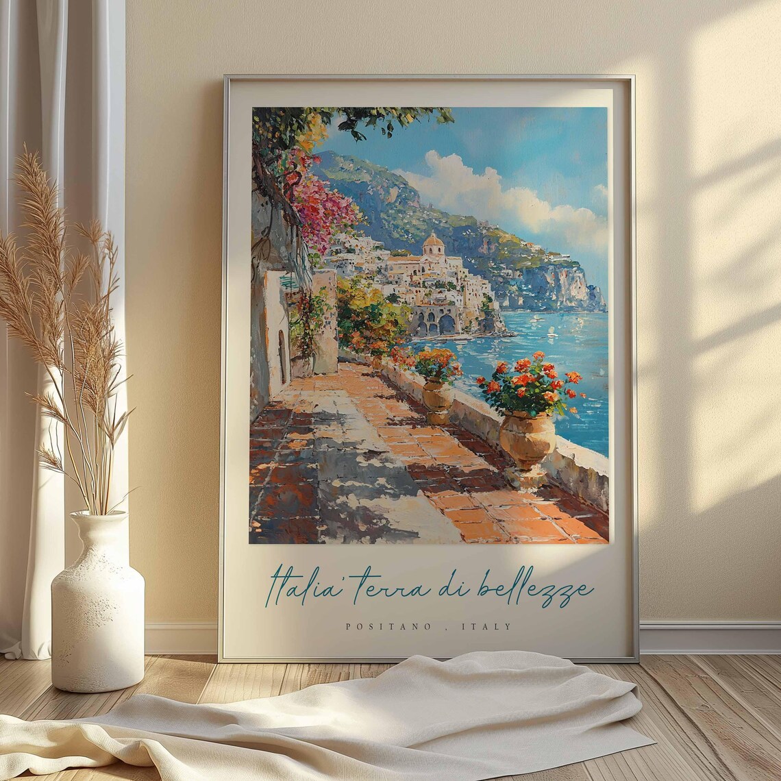 Positano Italy Terracotta Terrace Flower Pots Town View Travel Poster - Image 2