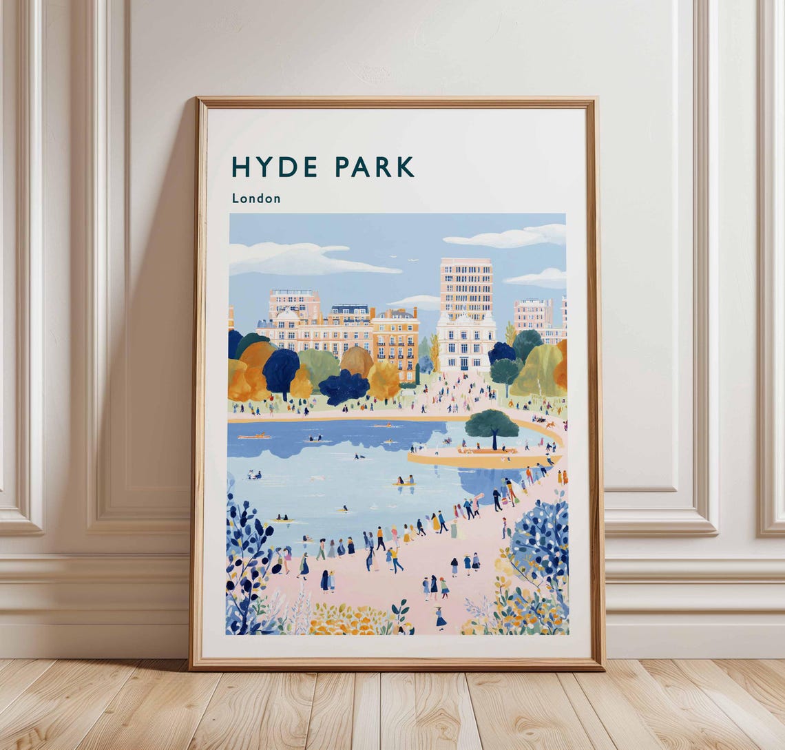 Hyde Park London Lakeside Summer Crowd Bustling Travel Poster
