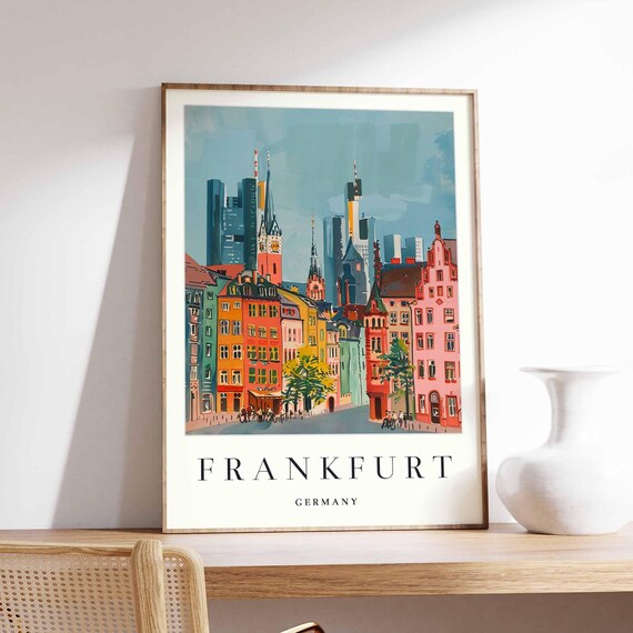 Frankfurt Germany Old Town Travel Poster and Modern Skyline Art