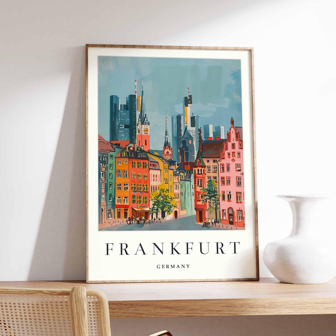 Frankfurt Germany Old Town Travel Poster and Modern Skyline Art