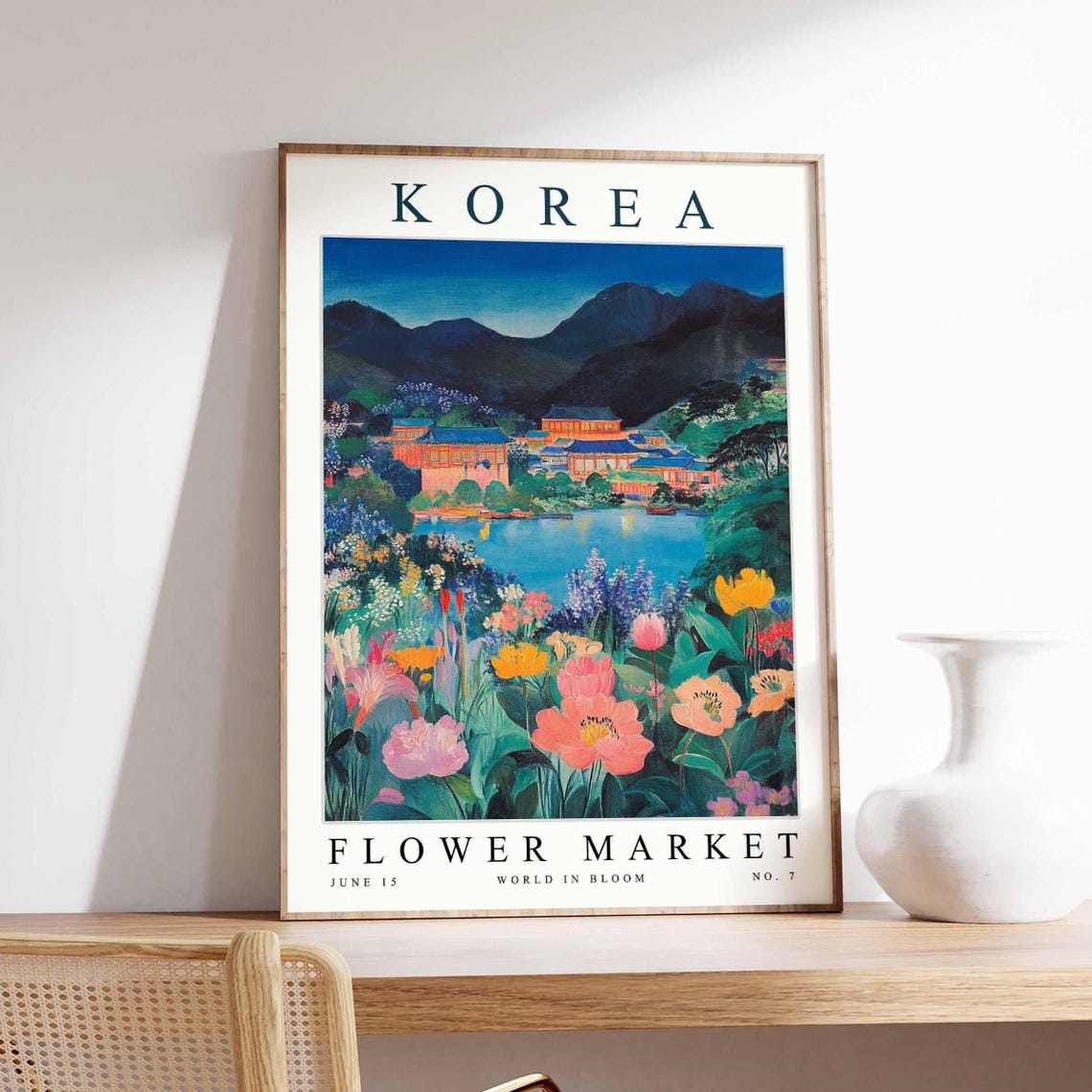 Korea Flower Market No 7 Lakeside Palace Red Roofs Bloom View Poster