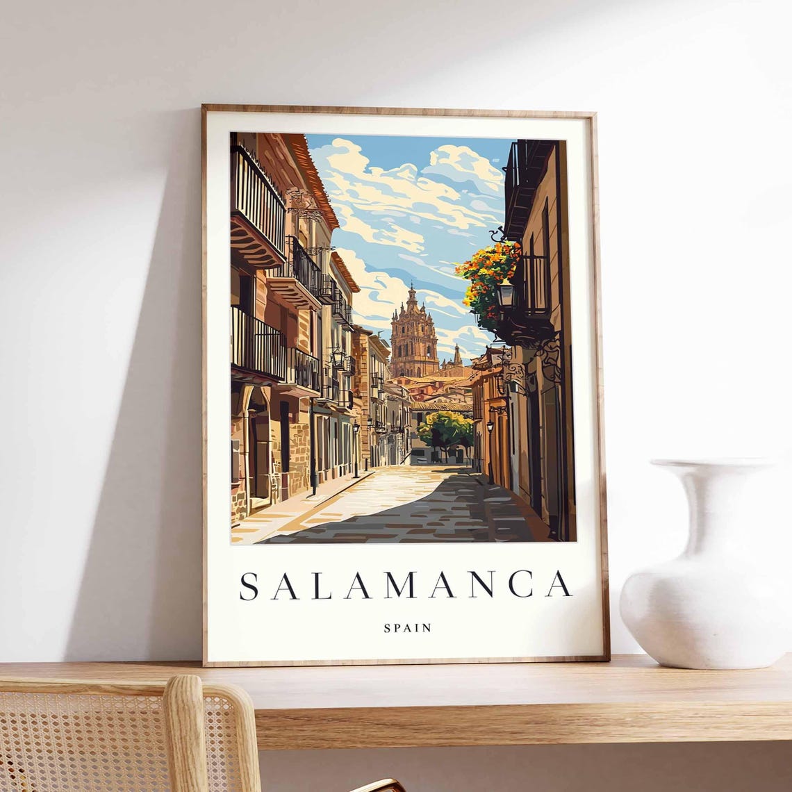 Salamanca Spain Poster With Old Street Balconies And Cathedral Tower