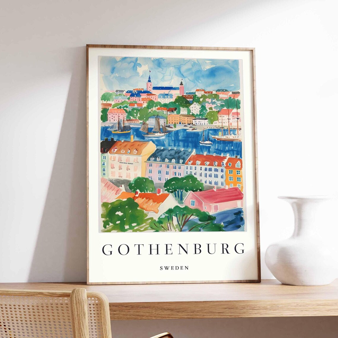 Gothenburg Sweden Colorful Harbor Watercolor Scandinavian Travel Poster