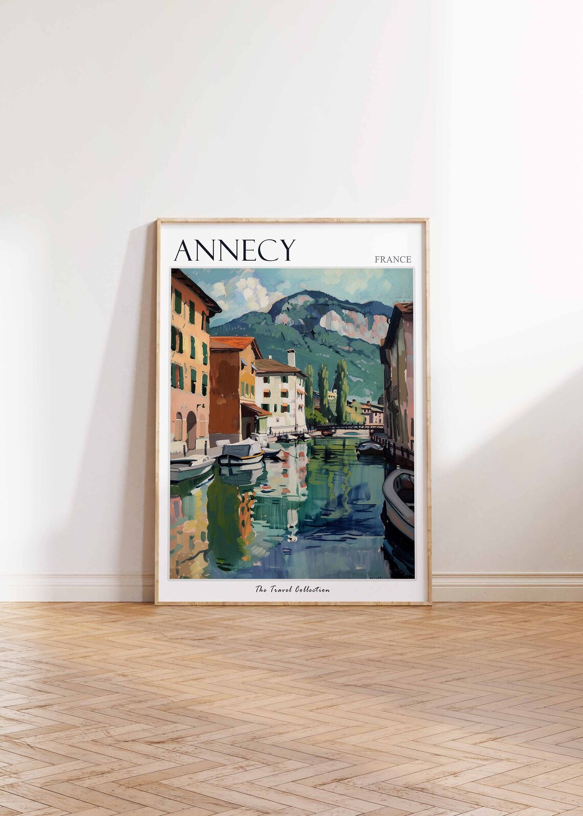 Annecy France Travel Poster Old Town Canal Boats Mountain View Art - Image 2
