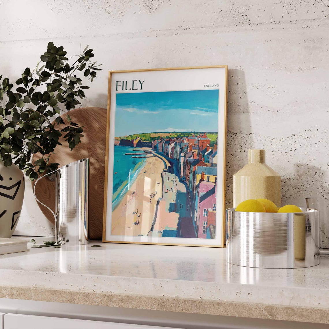 Filey England Aerial Beach Town Street Shadows Pastel Painting Poster - Image 2