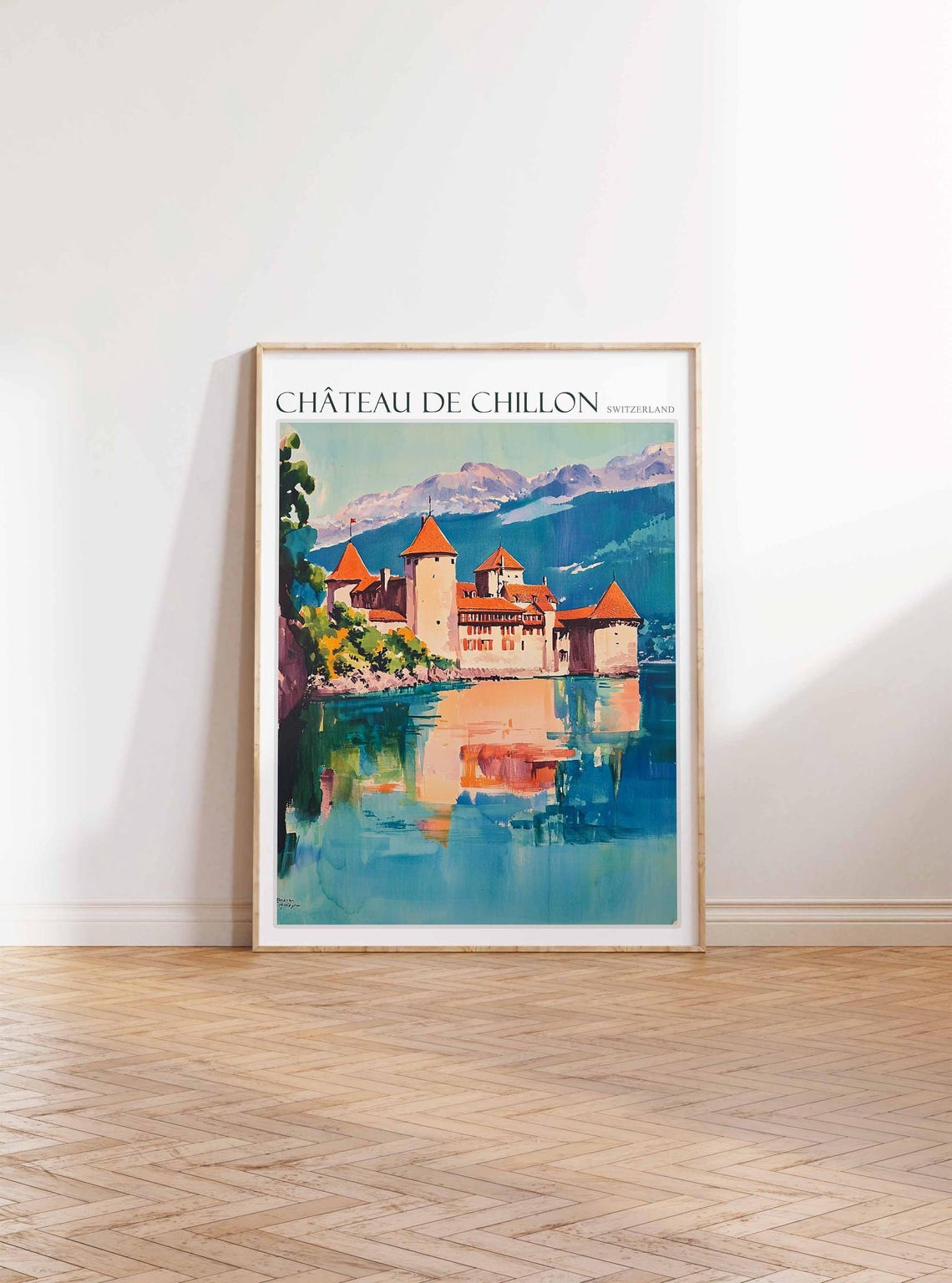 Chateau de Chillon Switzerland Castle Lake Reflection Painting Poster - Image 3