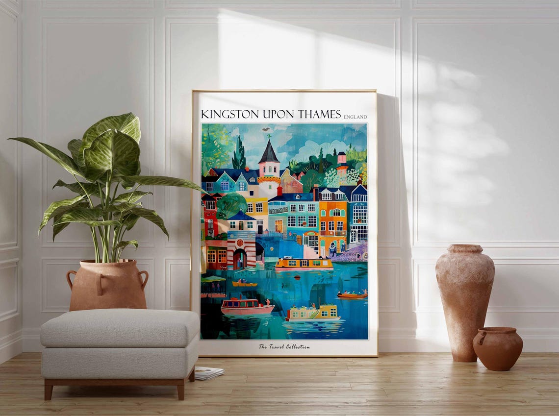 Colorful Kingston Upon Thames England Riverside Travel Art Poster - Image 3
