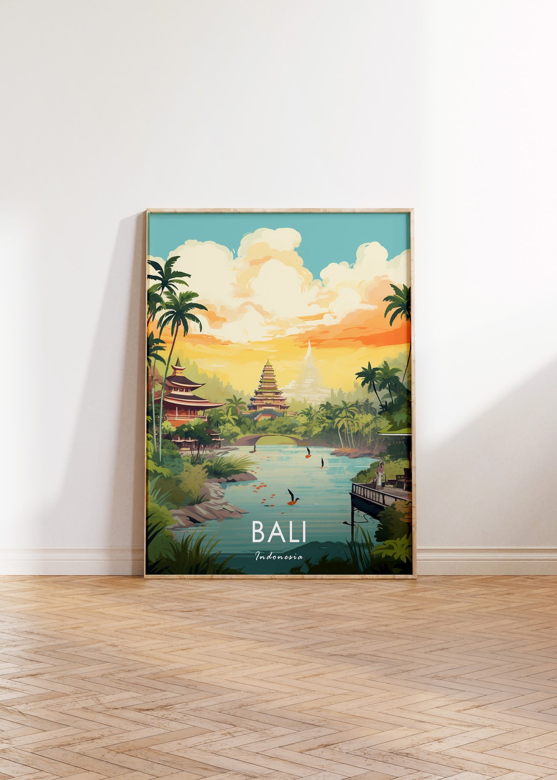 Bali Indonesia Travel Poster Sunset Temple Lake And Palm Trees Art - Image 2