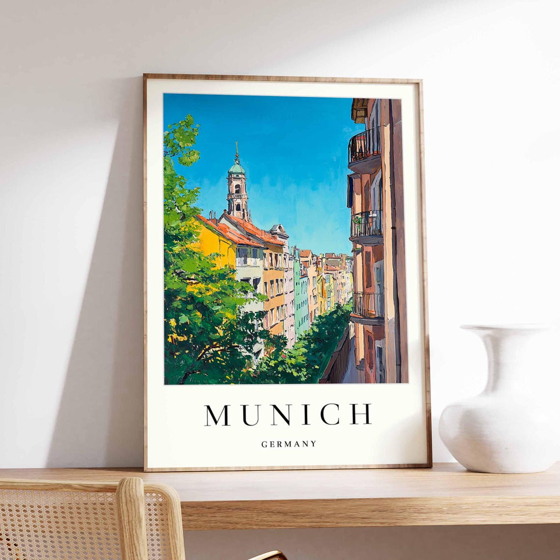 Colorful Munich Street With Church Tower And Balconies Travel Poster