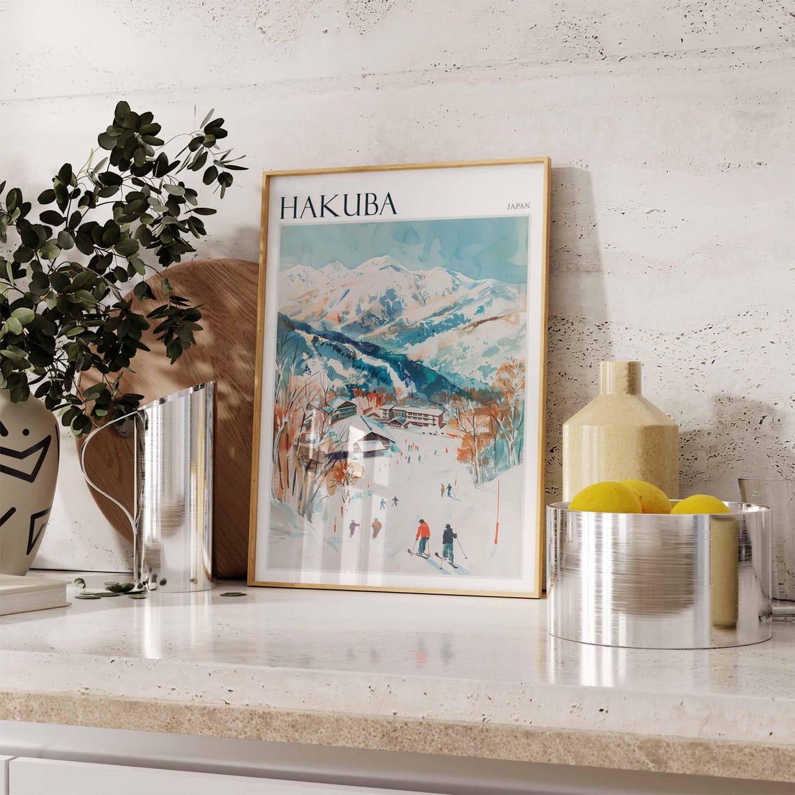 Hakuba Japan Watercolor Skiers Autumn Trees Mountain Art Poster - Image 2