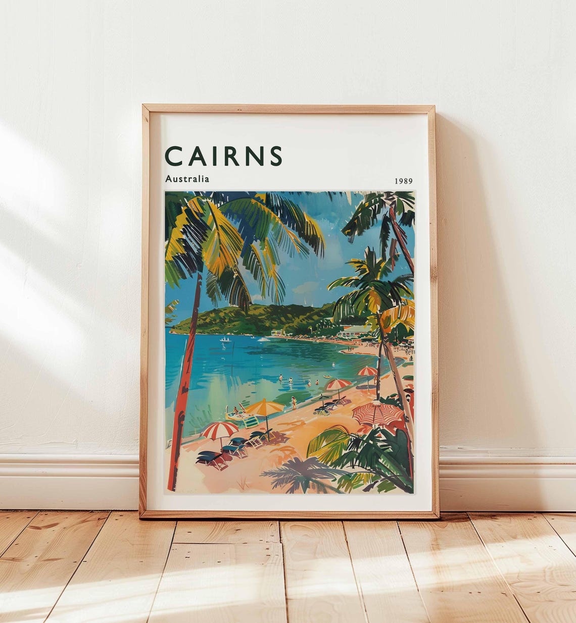Cairns Australia 1989 Retro Travel Poster with Tropical Beach Scene
