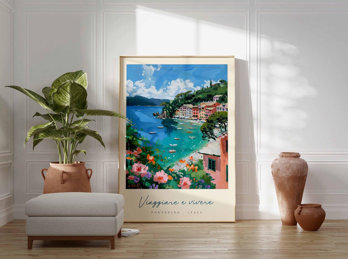Portofino Italy Floral Bay Scene Viaggiare E Vivere Travel Poster - Image 3