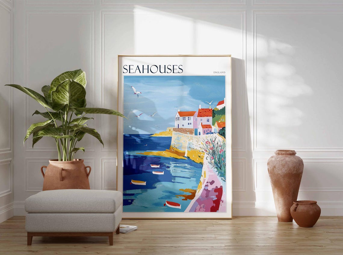 Seahouses Cliffs Top Cottages Sailing Boats Poster England Coast - Image 2