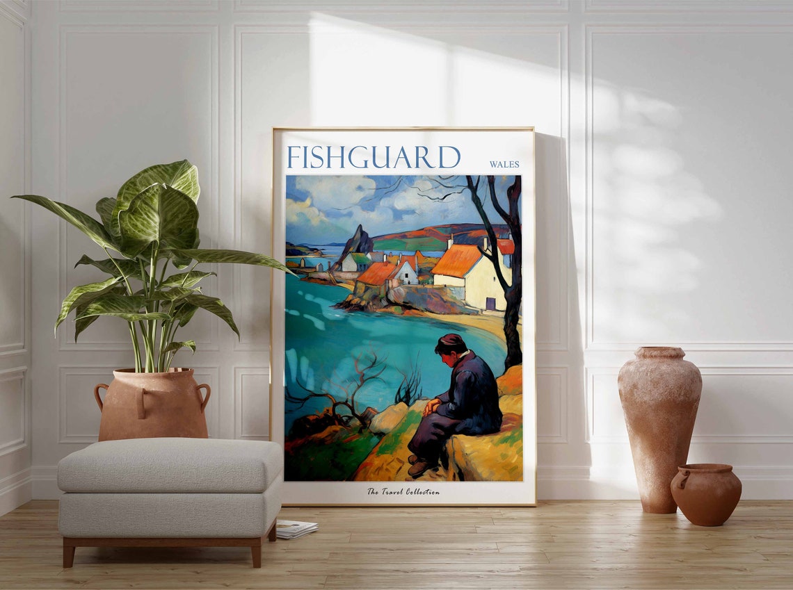 Fishguard Wales Harbour Man on Cliff Scene Vintage Travel Poster - Image 3