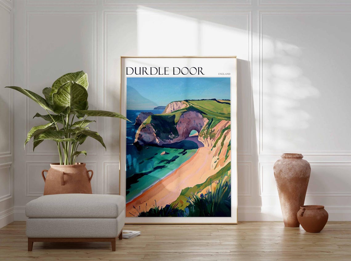Durdle Door England Sunset Cliffs Chalk Arch Pink Sky Painting Poster - Image 3