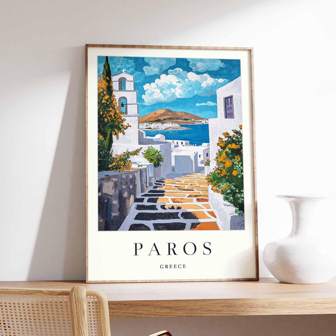Paros Greece Stone Lane Bell Tower Bougainvillea Travel Poster