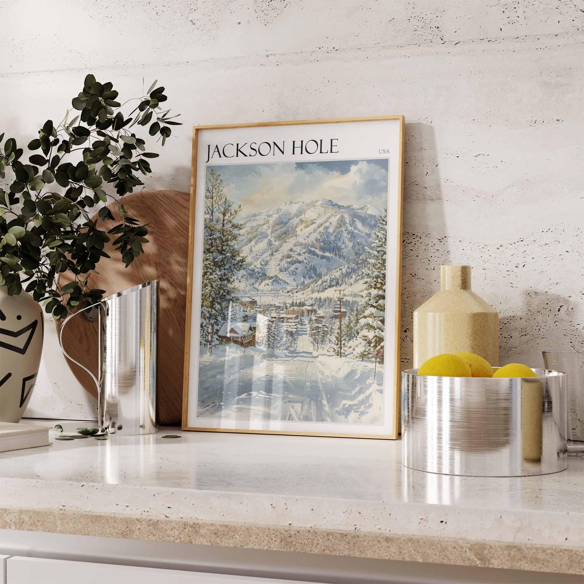 Jackson Hole USA Snowy Village Road Poster in Soft Winter Watercolor - Image 2