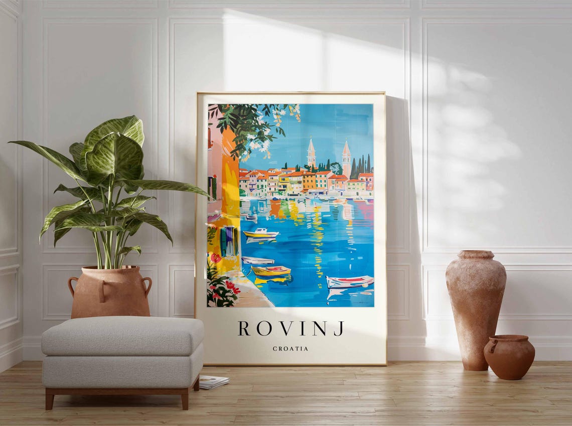 Rovinj Croatia Bright Harbor Scene with Flowers and Boats Poster - Image 4