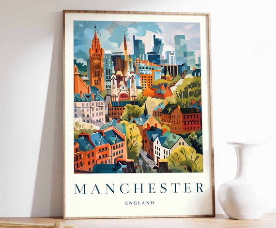 Manchester Poster Manchester Travel Print England Wall Art British Travel Print Tropical Decor City Print Manchester Gift