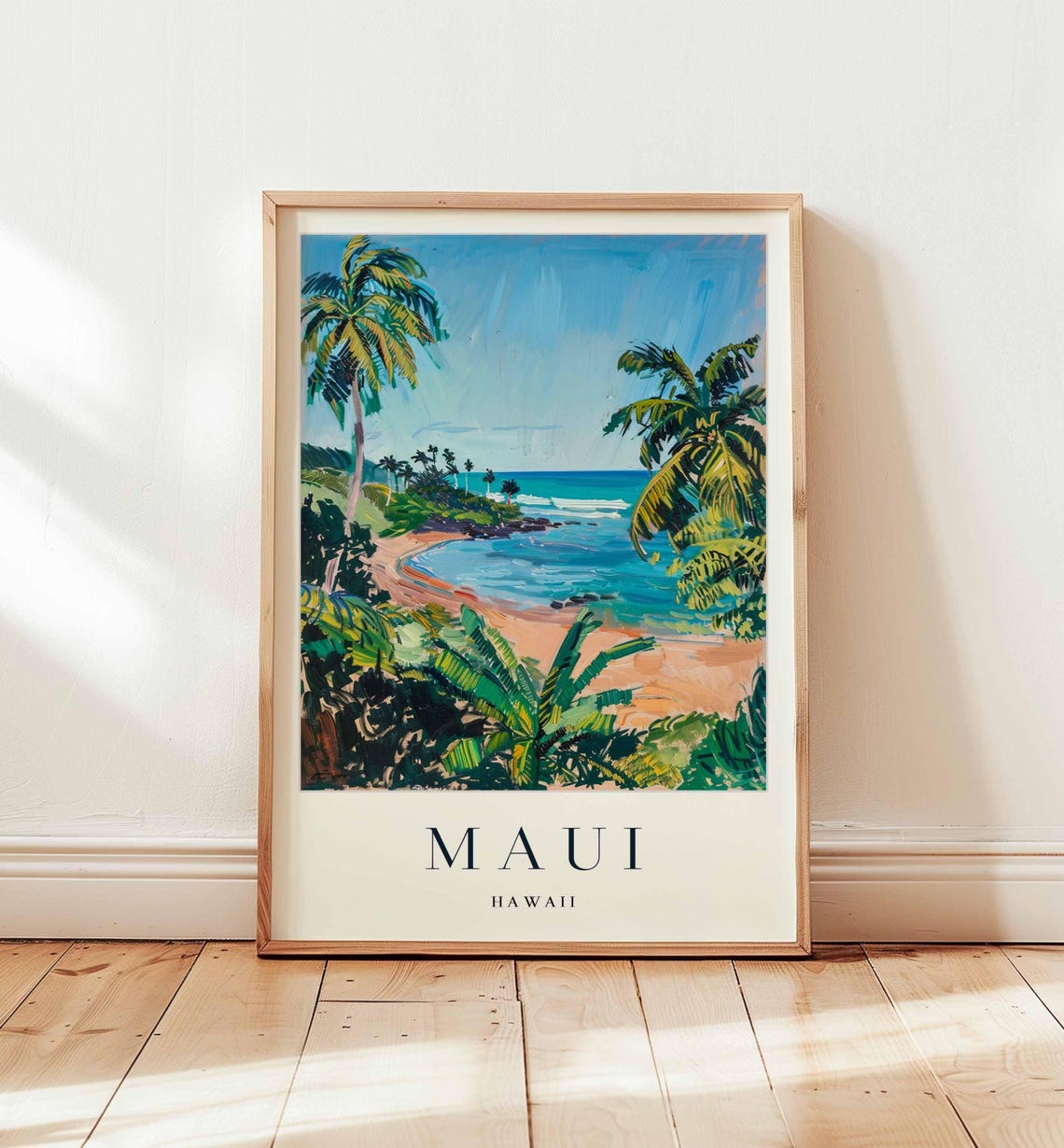 Maui Hawaii Curved Sandy Bay Between Palm Trees Travel Poster