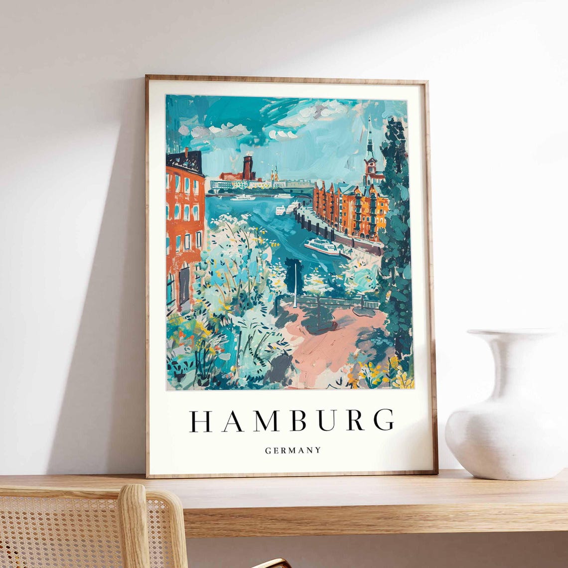 Hamburg Germany Harbour Garden View Painted City Travel Poster