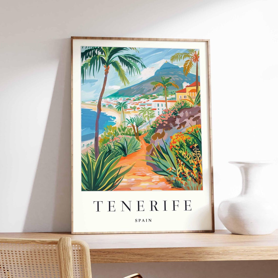 Tenerife Spain Palm Grove Path to the Beach Mountain View Poster