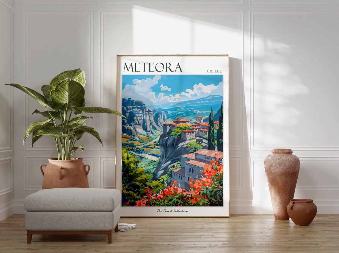 Meteora Greece Monasteries on Rock Pillars and Cypress Trees Poster - Image 2