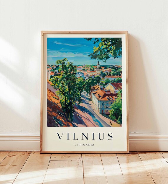 Vilnius Lithuania Old Town Street With Green Trees Travel Poster