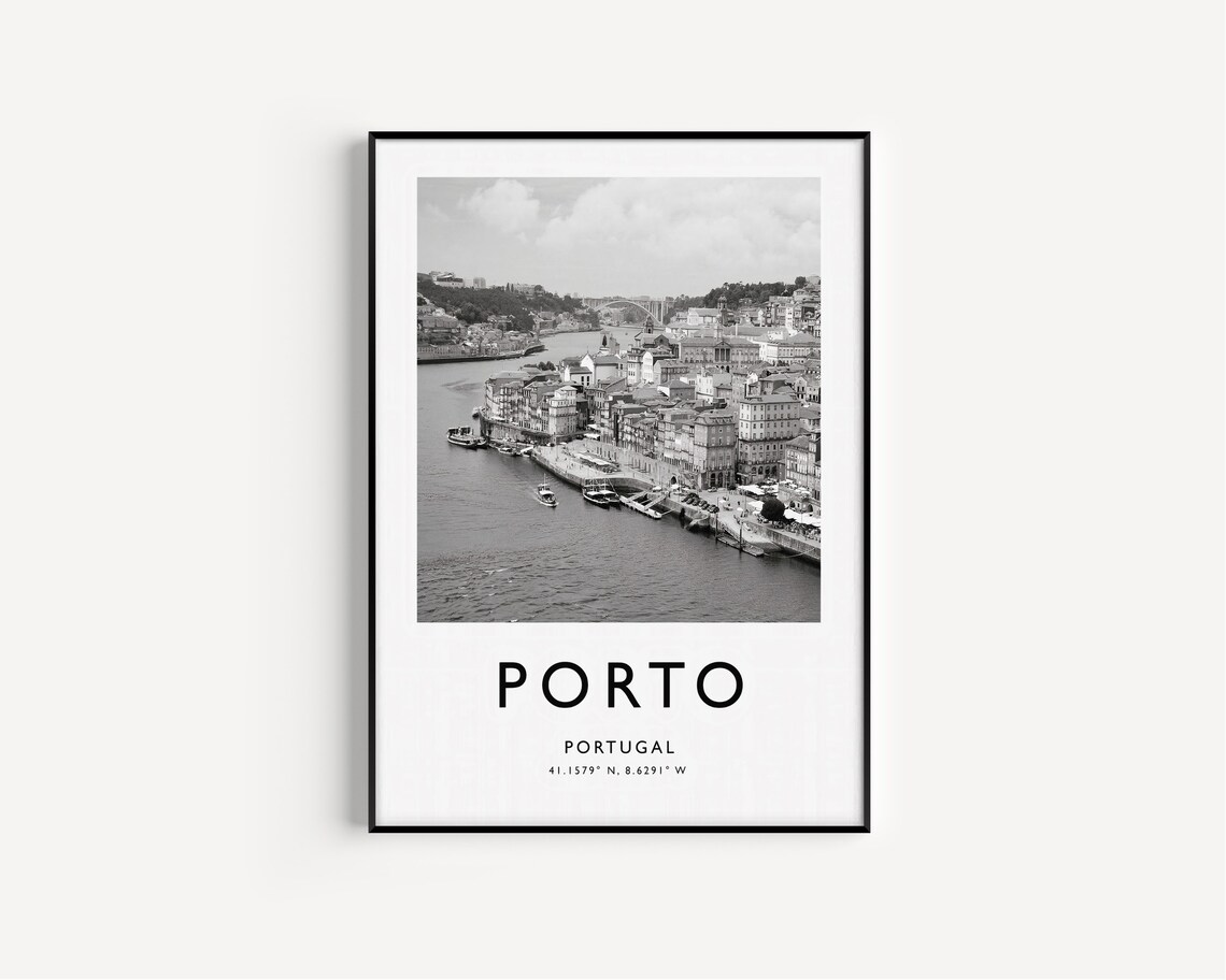 Porto Portugal Black and White Riverside Cityscape Photo Poster - Image 2