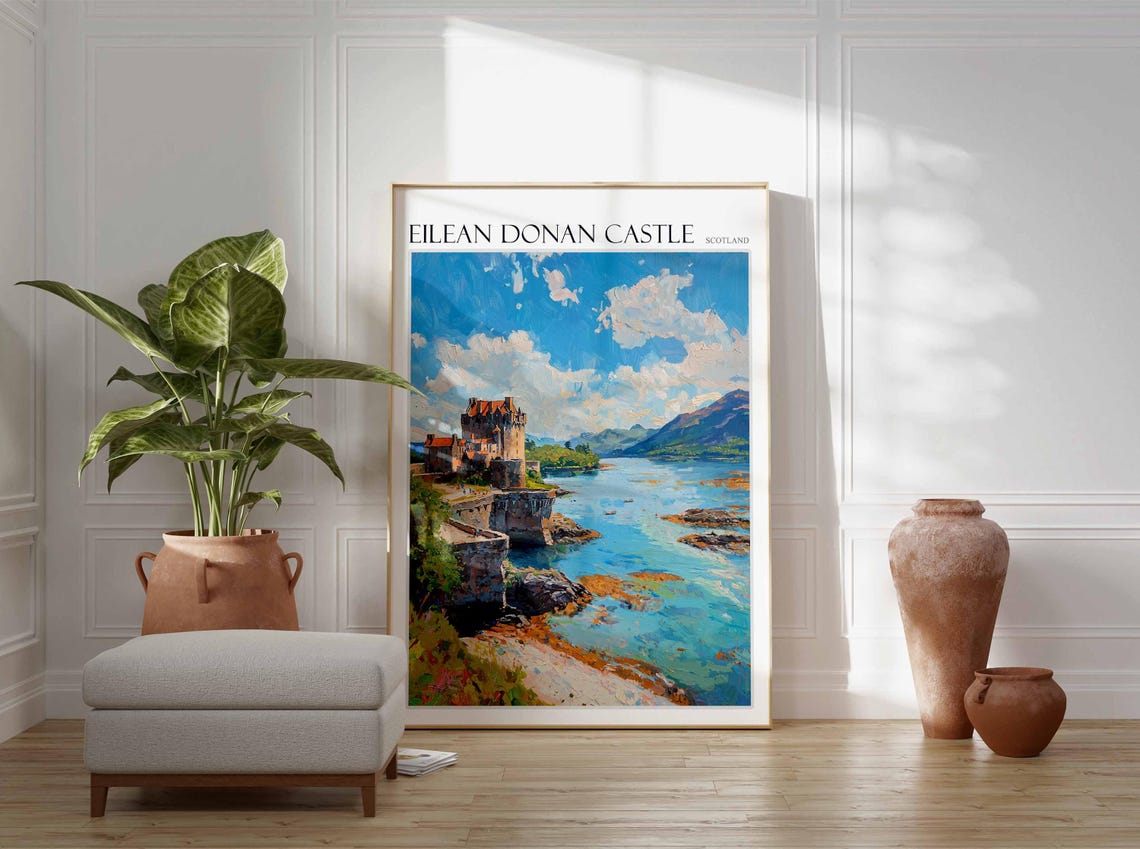 Eilean Donan Castle Scotland Impasto Stone Bridge Cloudy Sky Poster - Image 2