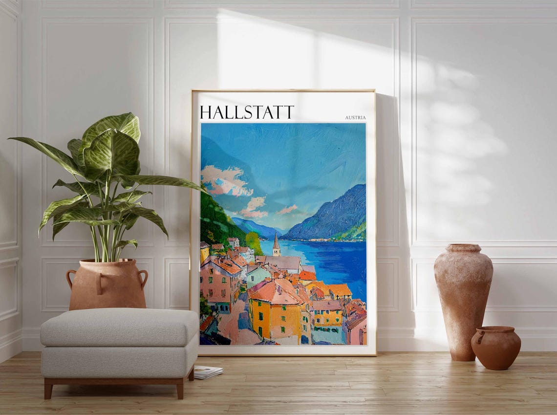 Hallstatt Austria Sunny Rooftops Over Blue Lake Painting Poster - Image 2