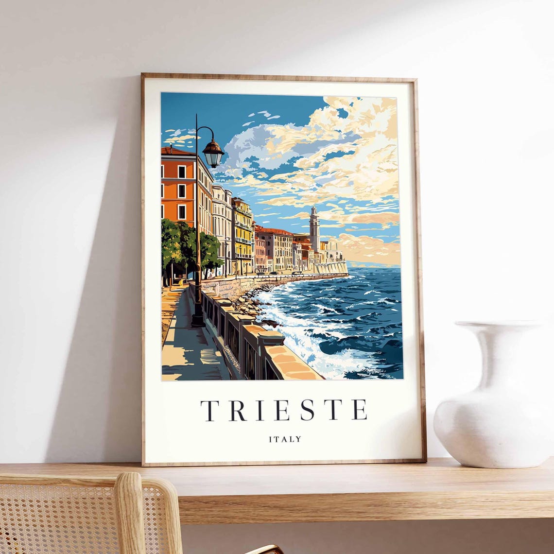 Trieste Italy Seaside Promenade Waves Lighthouse Sunset Poster
