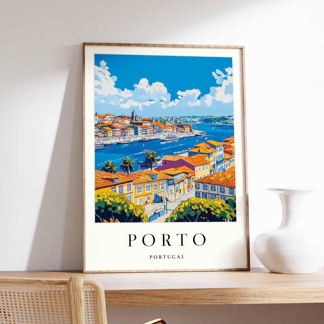 Porto Panoramic Waterfront Cityscape With Palm Trees Travel Poster